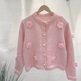 Three-Dimensional Rose Round-Neck Knitted Cardigan Autumn And Winter New Loose Lazy Button Sweater