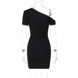 Black Contrast Seam One-Shoulder Short Sleeve Mini Dress-Outfit