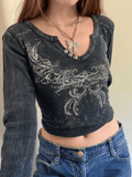 Rhinestone Detail Long Sleeve Crop Top-Outfit