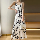 New Chiffon Suspender Dress Women's Waist V-neck Printed Over-The-Knee Floral Dress Retro Outer