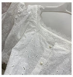 Embroidery Lace Blouse Women Tops Summer Cutout Vintage French Square collar Causal White Shirt Women