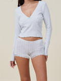 Women Pajama Sets 2pcs Loungewear Suits Solid Long Sleeve V-Neck T-shirts Crop Tops and Lace Shorts Sleepwear