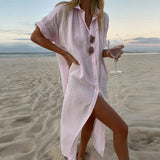 874 Spot Women's Ins Wind Solid Color Casual Long Sleeve Long Cotton Linen Shirt