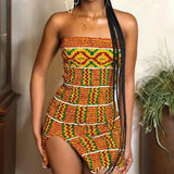 Strapless Tube Mini Dress Vintage African Style Women Smocked Stretchy Sleeveless Off Shoulder Backless Split Short