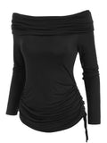 T Shirt Women Foldover Off Shoulder Cinched T-Shirt Solid Basic Long Sleeve Autumn Feminina Ladies Fashion