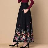 Fllower Embroidered Woolen Maxi Skirt Women Elegant High Waist Casual Skirts Mom Fashion Plus Size Skirt Office Lady