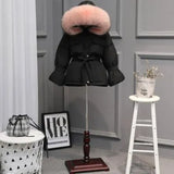 Large Natural Raccoon Fur Winter Jacket Women 90% White Duck Down Coats Thick Warm Parkas Sash Tie Up Short Snow