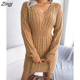 Fashion Twist Knit Sweater Dress for Women Autumn Dresses 2022 New Winter V-neck Full Sleeve Waist Pack Hip Mini