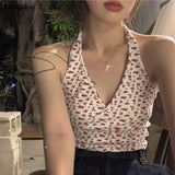 Women Sweet Chic Floral V-neck Sexy Leisure Fashion Skinny Crop Tops Girls Halterneck Backless Harajuku Hot Ins