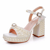Cm Thick Heel Fish Mouth Waterproof Table Sandals Round Head Square Thick Heel Sandals White Pearl Wedding