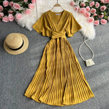 Zingj Temperament Fashion V Collar Fly Sleeve Dress Simple Pure Color Waist Belt Pleated Long