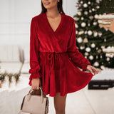 Women Elegant Long Sleeve Party Dress Autumn Solid Office Lady Mini Dresses Vestidos 2022 Spring Deep V Neck Draped Velvet
