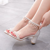 Cm Thick Heel Shallow Mouth With Sandals Round Head Beads Esu On High Heels White Pearl Wedding