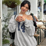 Number Printed One Shoulder Loose Sweatshirt- Outfit