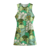 Green Prairie Pattern Print Chic Slim Women Mini Dress Sexy Hollow Out Backless Summer Casual Beach Holiday Tank