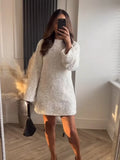 Women Rose Red Sequin Short Dress Fashion Long Sleeve Back Hollow Out Bowknot Dresses 2023 New Year Christmas Evening