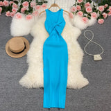 Zingj Sexy Round Neck Kink Solid Color Vest Knit Skirt Front And Back Two Wear Elastic Tight Wrap Hip