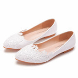 Flat-Bottomed Lace Wedding Shoes White Pointed Casual Flat Heels White Lace Casual Women's Shoes Low