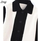 2022 Women Vintage Black White Patchwork Striped Knitting Sweater Female Chic Buttons Casual Slim Coat Tops
