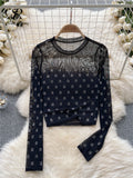 Letter Beadings Women Blouse O Neck Long Sleeves 2023 Autumn Fashion Senior Streetwear Hotsweet T Shirt Sheer Y2K