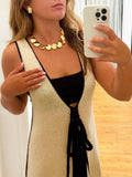 Tie Knitted Deep V-neck Long Dress Women Sexy Slim Sleeveless Contrasting Robes 2024 Summer Lady Evening Party