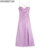 ZA Fashion Women Spring New Silk Satin Texture Print Slip Dress Front Slit Open Back Chic Ladies Midi