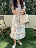 Kitty Prairie Style Printed Sweet Summer Dress Gentle Women Florals High Waist Office Wear Short Sleeves Chic Prom