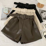 New PU Leather Shorts Women Shorts All-match Sashes Wide Leg Short Ladies Sexy Leather Shorts Autumn