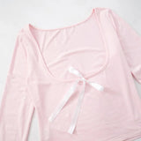 Pink Backless Bow Long Sleeve Top-Outfit