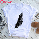 Women Casual Harajuku Fashion T-shirt Feather Print Loose O-neck Short Sleeve Elastic Stretched Summer Home New Tee