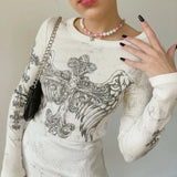 Women Vintage Y2K Grunge T-shirt Long Sleeve O Neck Gothic Cross Angel Wings Printed Retro Rhinestone Slim Fit