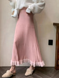 Pleated Patchwork Mid-length A-line Knitted Skirt- Outfit