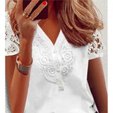 Summer Lace Splice White Shirt V-Neck Women Casual Blouse Elegant Short Sleeve Tops Fashion Loose Hollow Lady Shirts