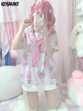 Japanese Kawaii Solior Collar T-shirt Dress Women Y2k Aesthetic Graphic Tees Rabbit Print Harajuku Long