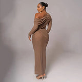 Draped Off-Shoulder Long Sleeve Top And Maxi Skirt Set- Outfit