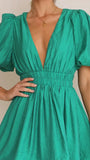 Zingj Summer New Sweet Deep V Waist Show Thin Pleated Bubble Sleeve Dress