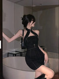 Black Bodycon Mini Denim Dress Women Hollow Out Halter Sleeveless Short Dresses Skinny Summer Sexy Slim Vestidos