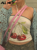 Y2K Kawaii Aesthetics Cherry Print Ruched Halter Tops 2000s Fashion Cute Off Shoulder Sleeveless Graphic Tank Top