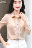 Silk Shirts Women Embroidery Lace Shirt Woman Long Sleeves Blouses Women Satin Silk Shirts Womens Tops White Shirts