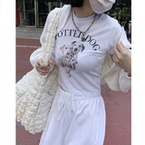 Korean Fashion Crop Tops Spotted Dog Printed Short Sleeve T-shirt Kawaii Summer Streetwear Sexy Slim White Tshirts