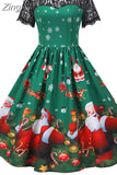 Women's Christmas Dress Short Sleeve Lace Santa Claus Print High Waist Elegant Vintage Winter Xmas Party
