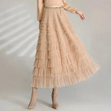 Solid Color Cake Long Skirt Mesh Puffy Women Sexy Korean Floor Length Party Skirts Loose Elastic Female Ball Gown