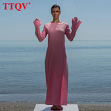 Fashion Pink Pleated Midi Dress Lady Autumn O-Neck Long Sleeve Bodycon Dress Elegant Slit Party Dresses For Women