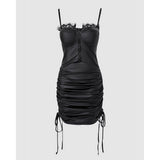 Women Sexy Party Lace Trim Zip Front PU Leather Drawstring Ruched Bodycon Dress Slim Package Hip Black Mini Dress