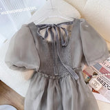 French Vintage Elegant Mesh Dresses Women Summer Blue Retro Puff Sleeves Bow Evening Party Sweet Princess Fairy Dress