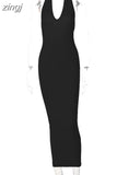 Ribbed Knitted V Neck Black Long Dress Women Sleeveless Slim Party Club Elegant Female Bodycon Midi Dress Streetwear