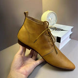 Pointed Little Short Boots Flat Boots Female Spring And Autumn Single Boots British Style Soft Leather Ankle Boots Soft Bottom Lace-Up