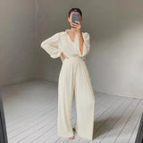 Autumn Two Piece Wide Leg Pant Suits 2022 Women Tracksuit Sets Casual Single Breasted Female Turn Down Collar Shirts