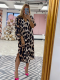 Leopard Printed Side Split Midi Dress Women Sexy V Neck Lantern Sleeve Dresses Fashion Lady Casual Loose Vestidos