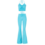 Y2K Streetwear Sexy Bandage Blue Co-ord Suits 2000s Fashion Drawstring Halter Top and High Waist Flare Pants 2 Piece